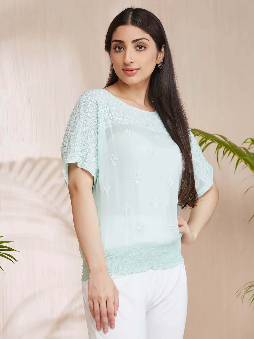 SAMAA Chikankari Smocking Mint Green Top - KRI CHIKANKARI