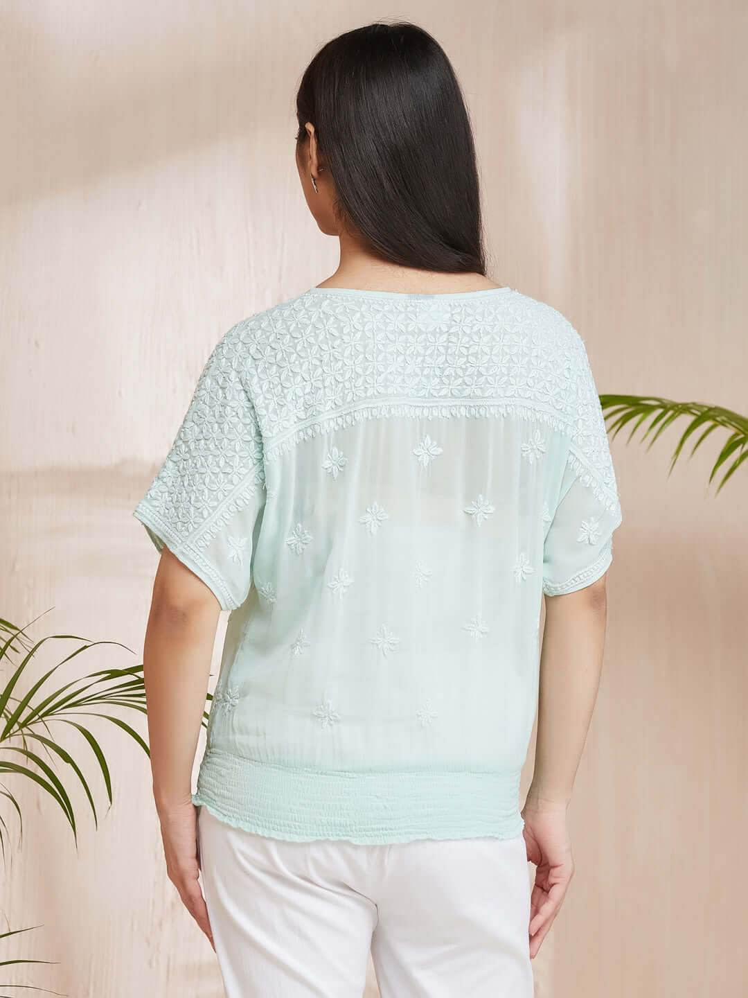 SAMAA Chikankari Smocking Mint Green Top - KRI CHIKANKARI
