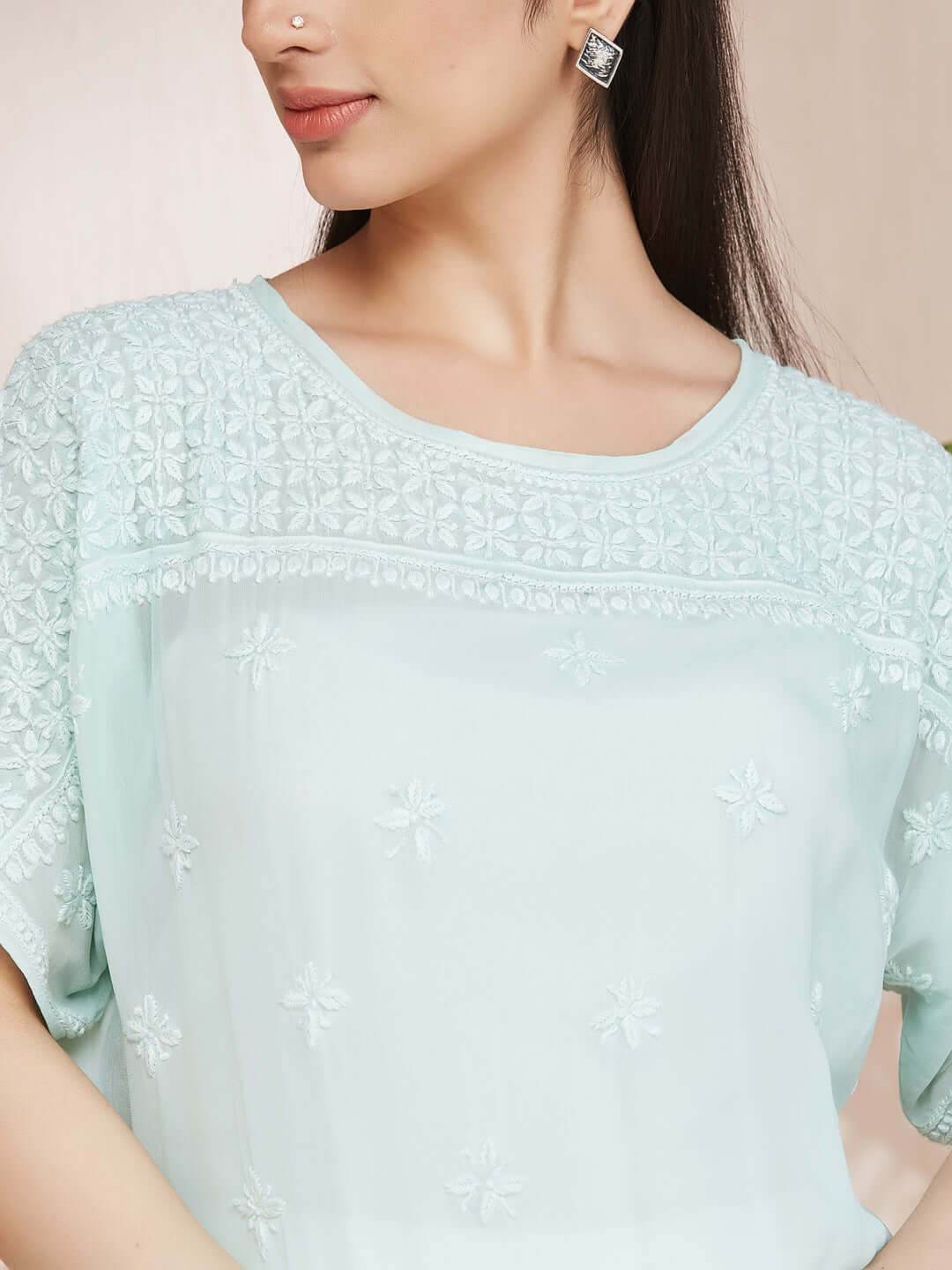 SAMAA Chikankari Smocking Mint Green Top - KRI CHIKANKARI