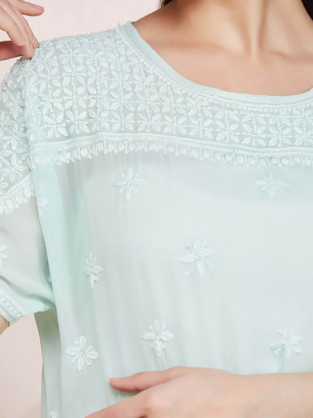 SAMAA Chikankari Smocking Mint Green Top - KRI CHIKANKARI