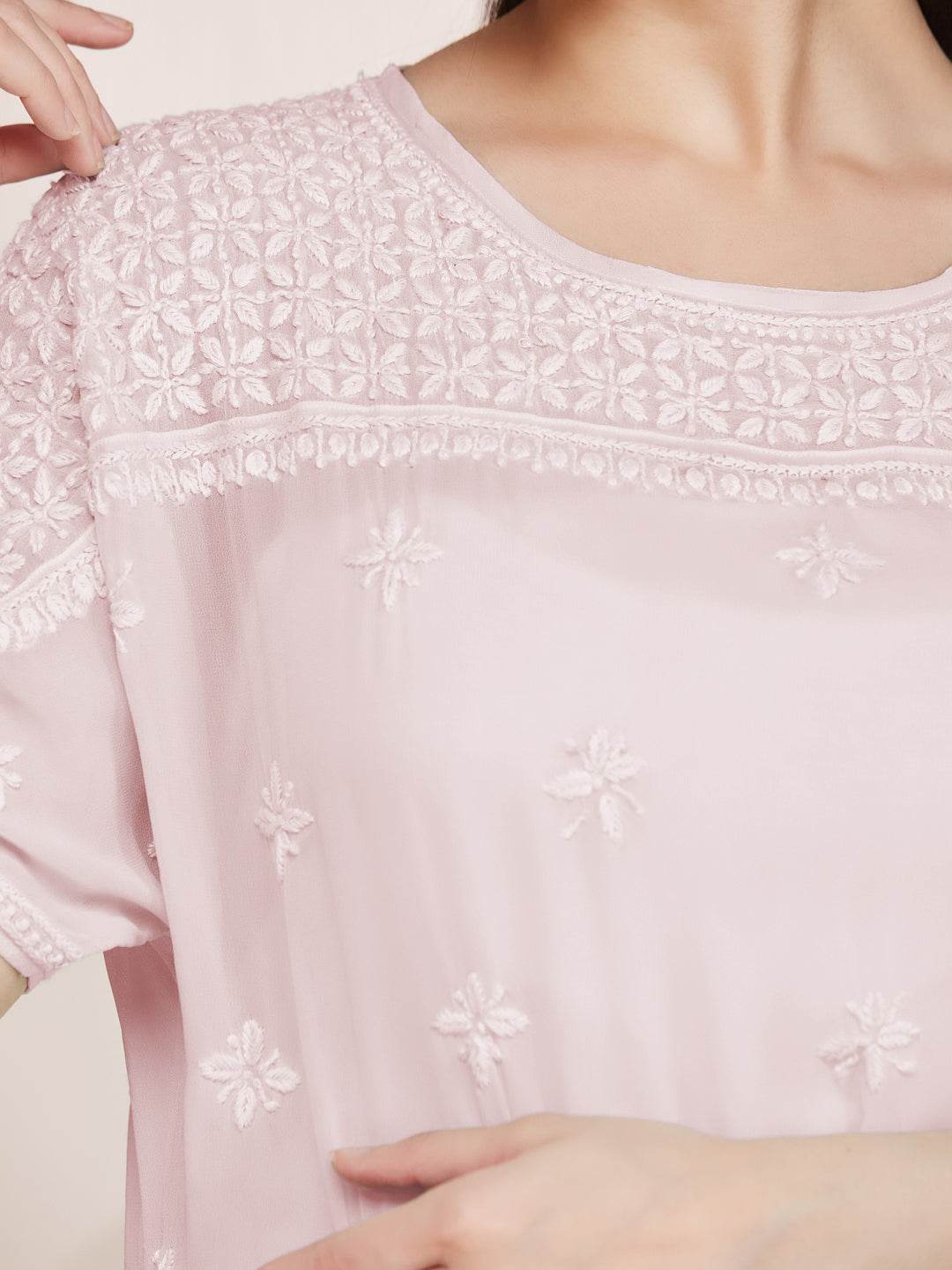 SAMAA Chikankari Smocking Powder Pink Top - KRI CHIKANKARI