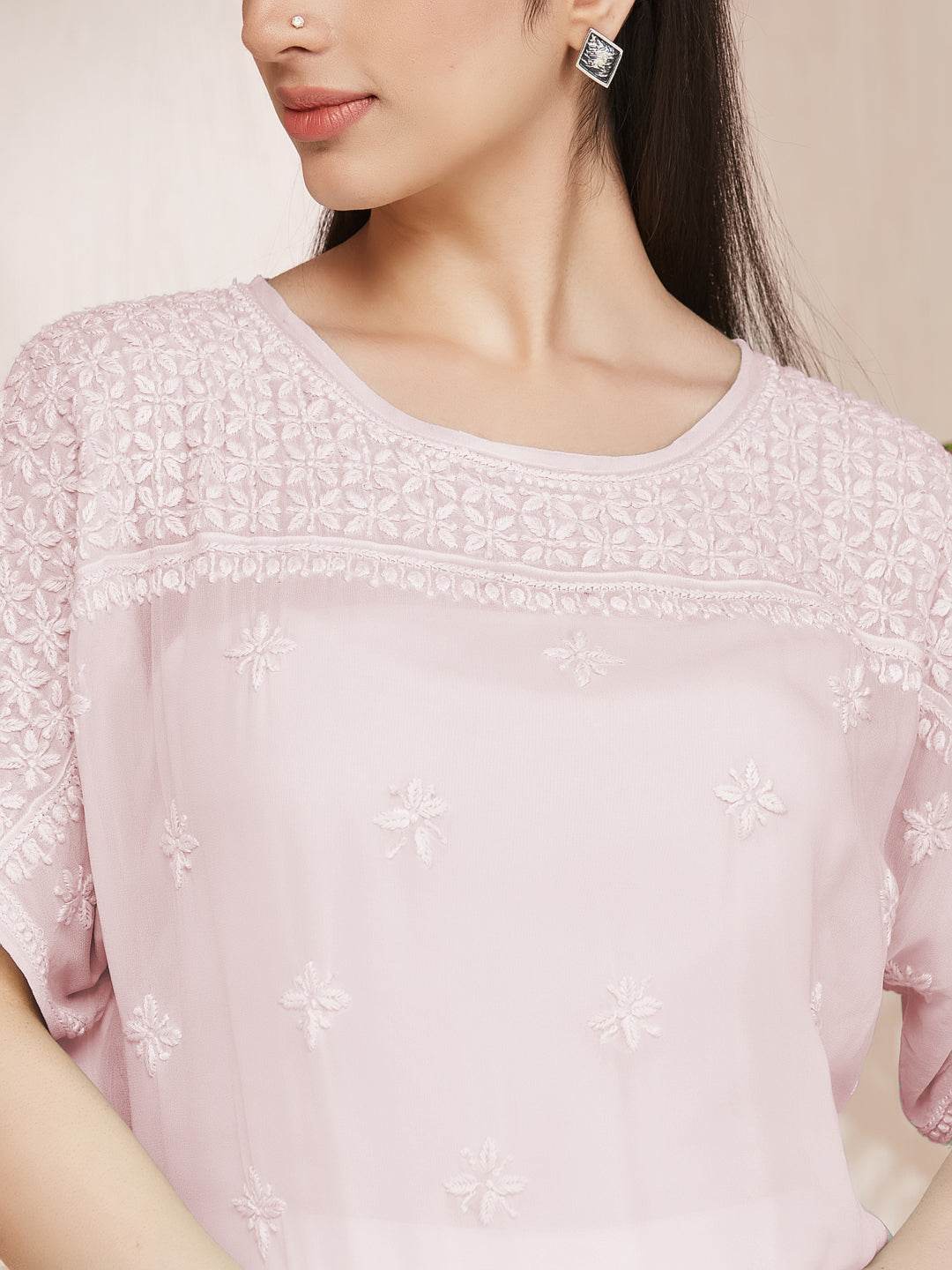 SAMAA Chikankari Smocking Powder Pink Top - KRI CHIKANKARI