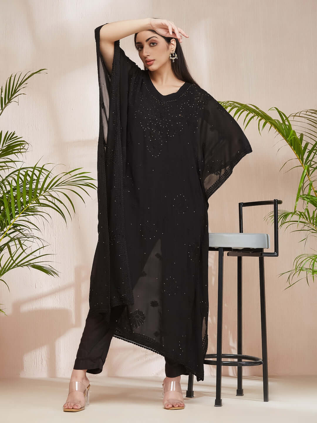 SYAALI Chikankari Black Viscose Georgette Gala Booti Kaftan Black Freesize