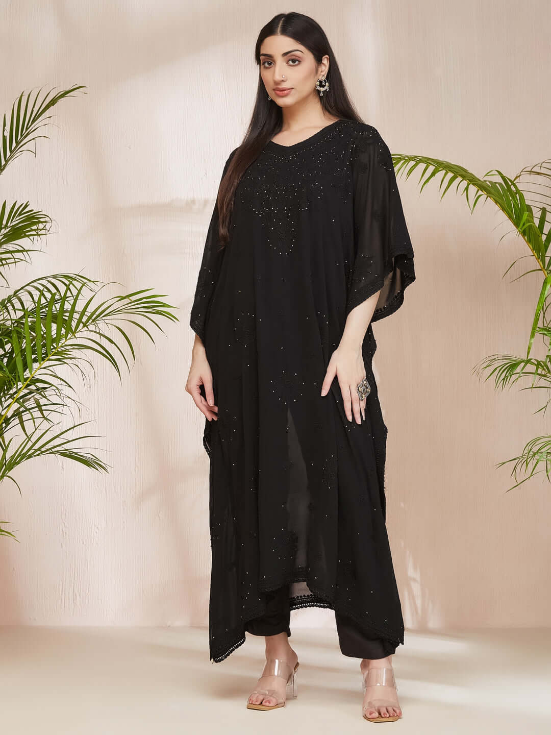 SYAALI Chikankari Black Viscose Georgette Gala Booti Kaftan