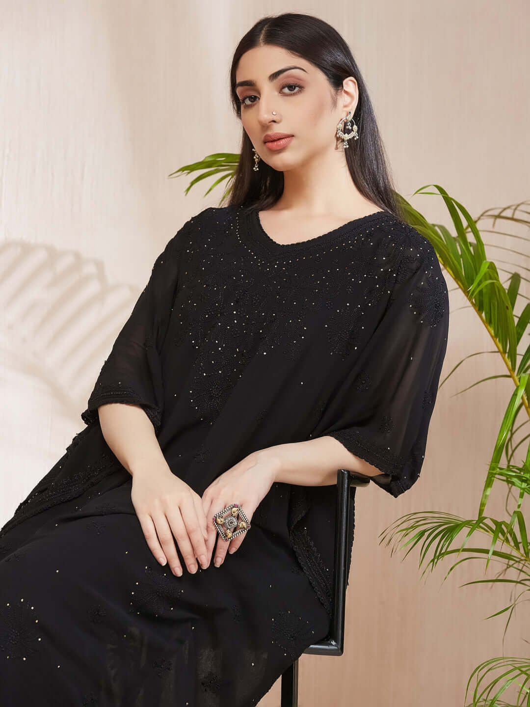 SYAALI Chikankari Black Viscose Georgette Gala Booti Kaftan