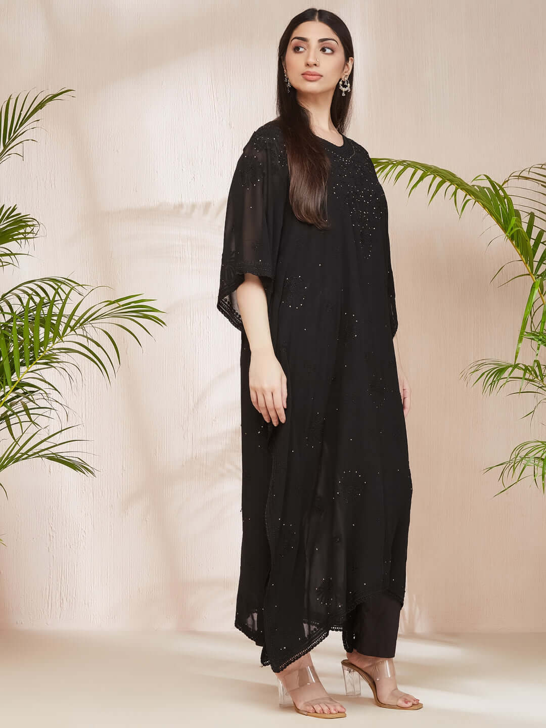 SYAALI Chikankari Black Viscose Georgette Gala Booti Kaftan