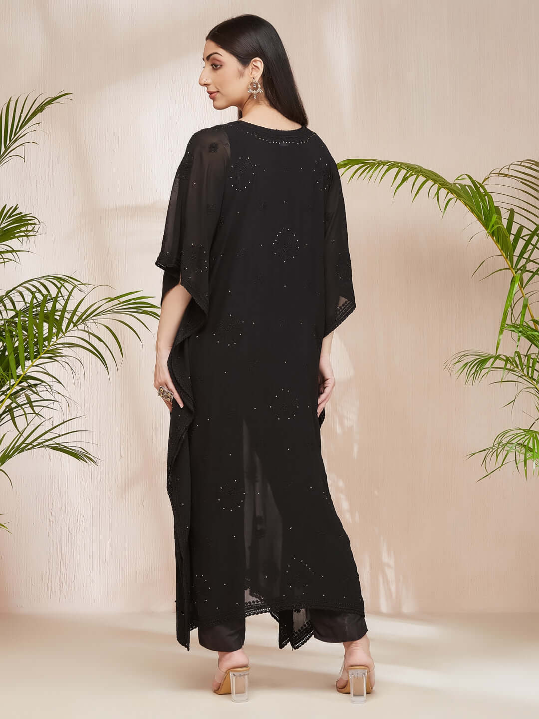 SYAALI Chikankari Black Viscose Georgette Gala Booti Kaftan
