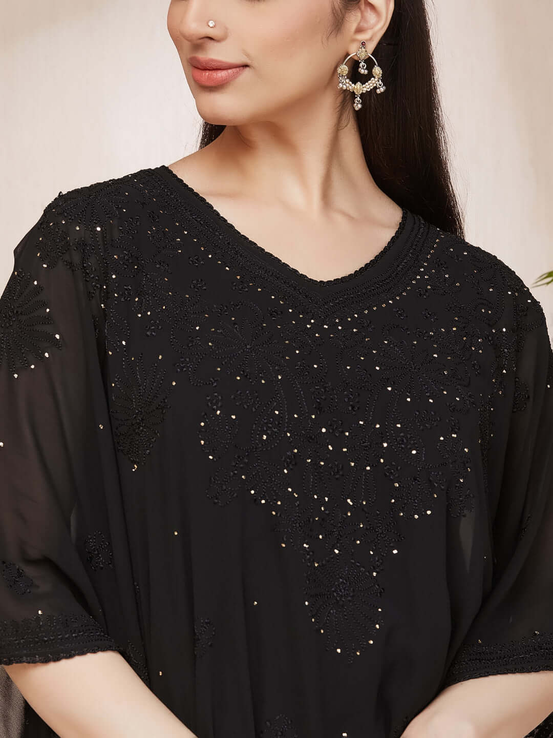 SYAALI Chikankari Black Viscose Georgette Gala Booti Kaftan