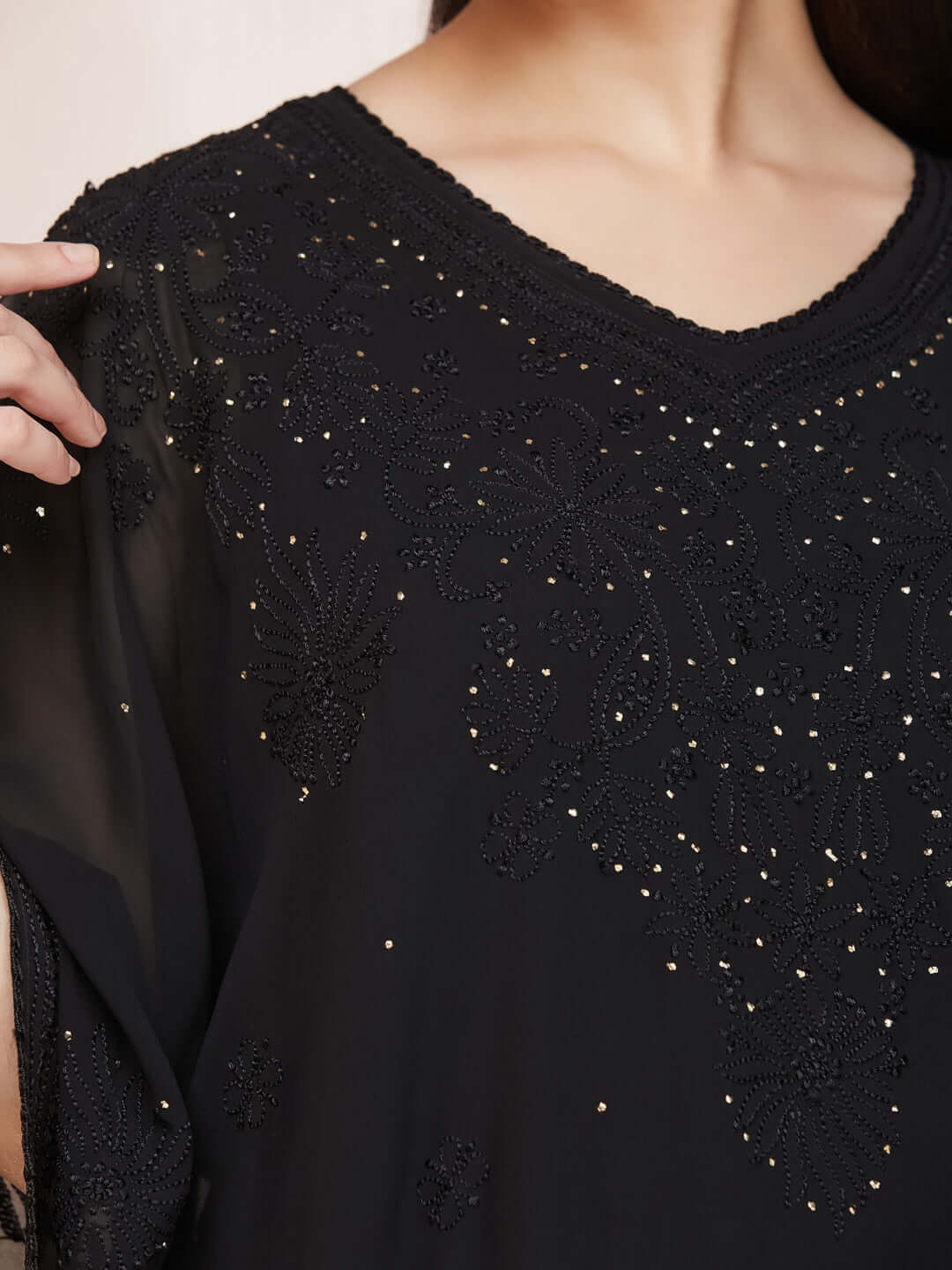 SYAALI Chikankari Black Viscose Georgette Gala Booti Kaftan