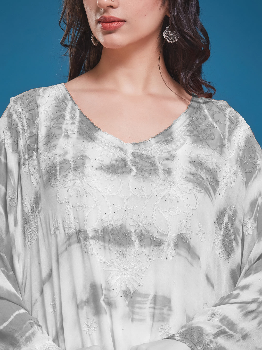 SYAALI Chikankari Tie & Dye Grey Viscose Georgette Gala Booti Kaftan