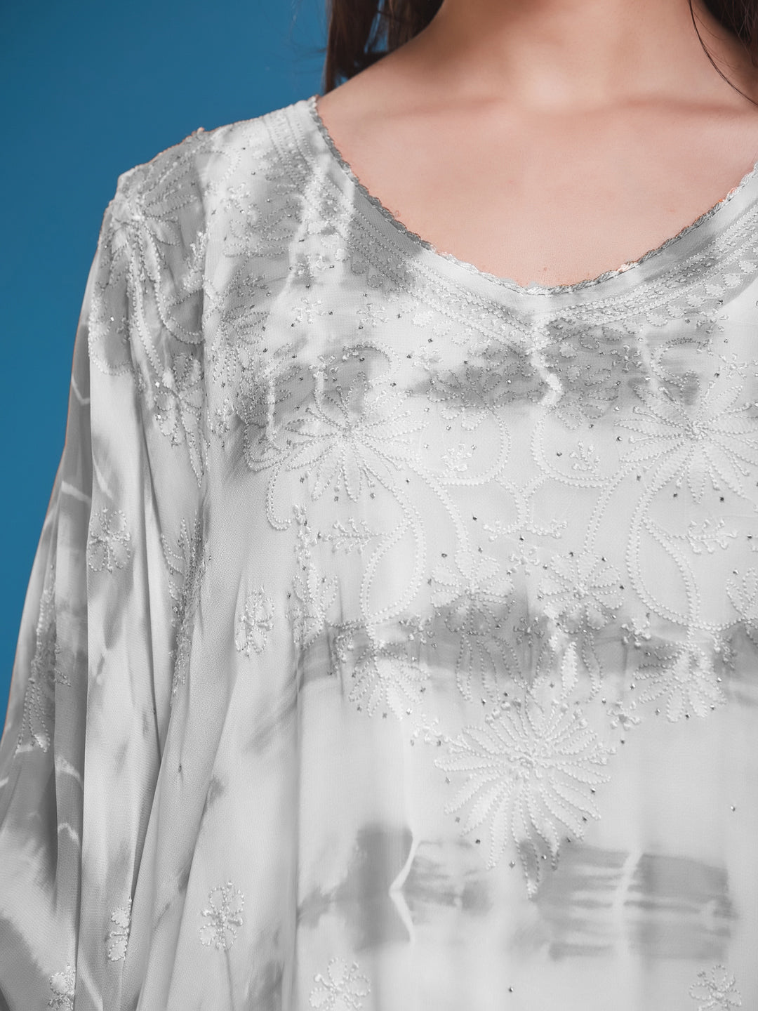 SYAALI Chikankari Tie & Dye Grey Viscose Georgette Gala Booti Kaftan