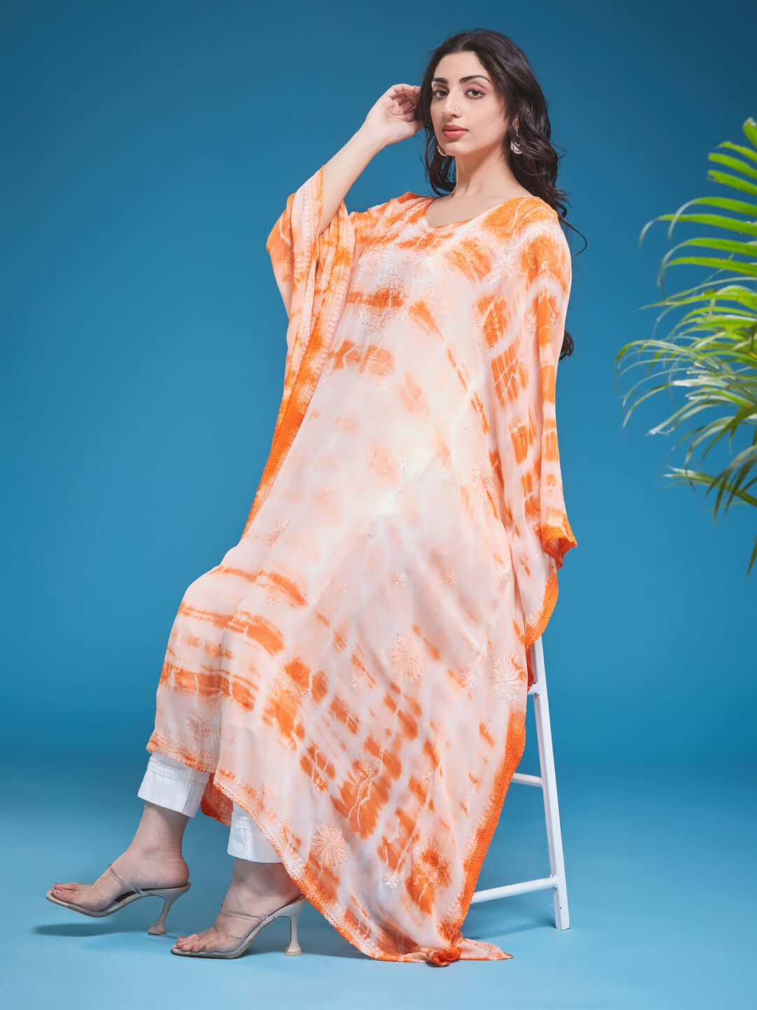 SYAALI Chikankari Tie & Dye Orange Viscose Georgette Gala Booti Kaftan Tie & Dye Freesize