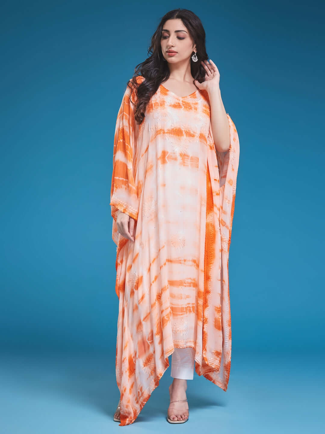 SYAALI Chikankari Tie & Dye Orange Viscose Georgette Gala Booti Kaftan