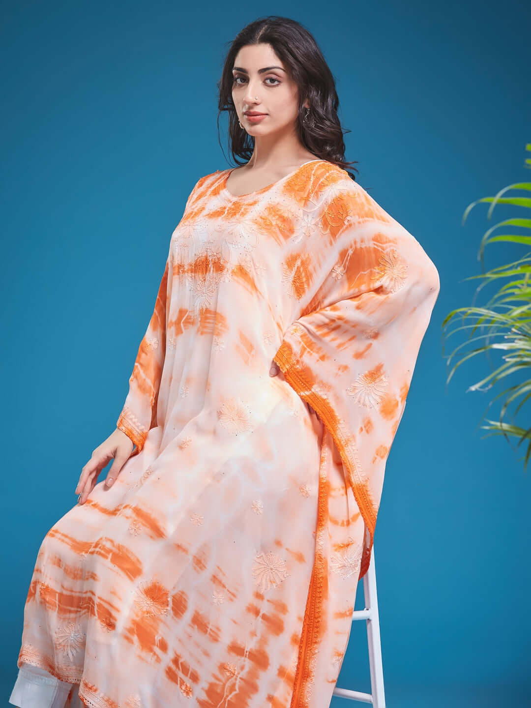 SYAALI Chikankari Tie & Dye Orange Viscose Georgette Gala Booti Kaftan