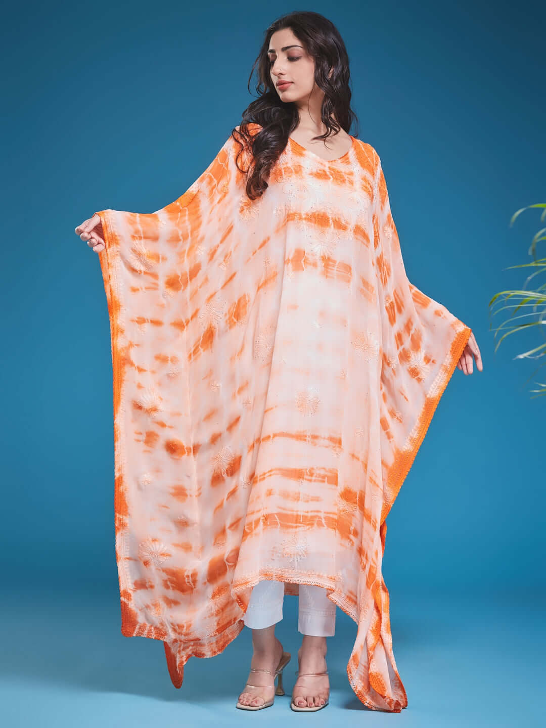 SYAALI Chikankari Tie & Dye Orange Viscose Georgette Gala Booti Kaftan