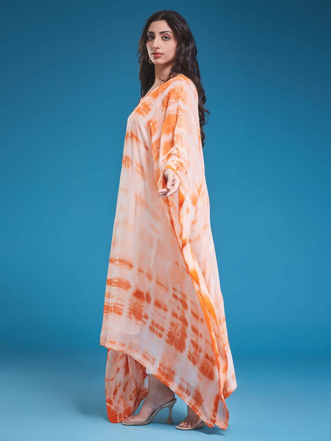 SYAALI Chikankari Tie & Dye Orange Viscose Georgette Gala Booti Kaftan