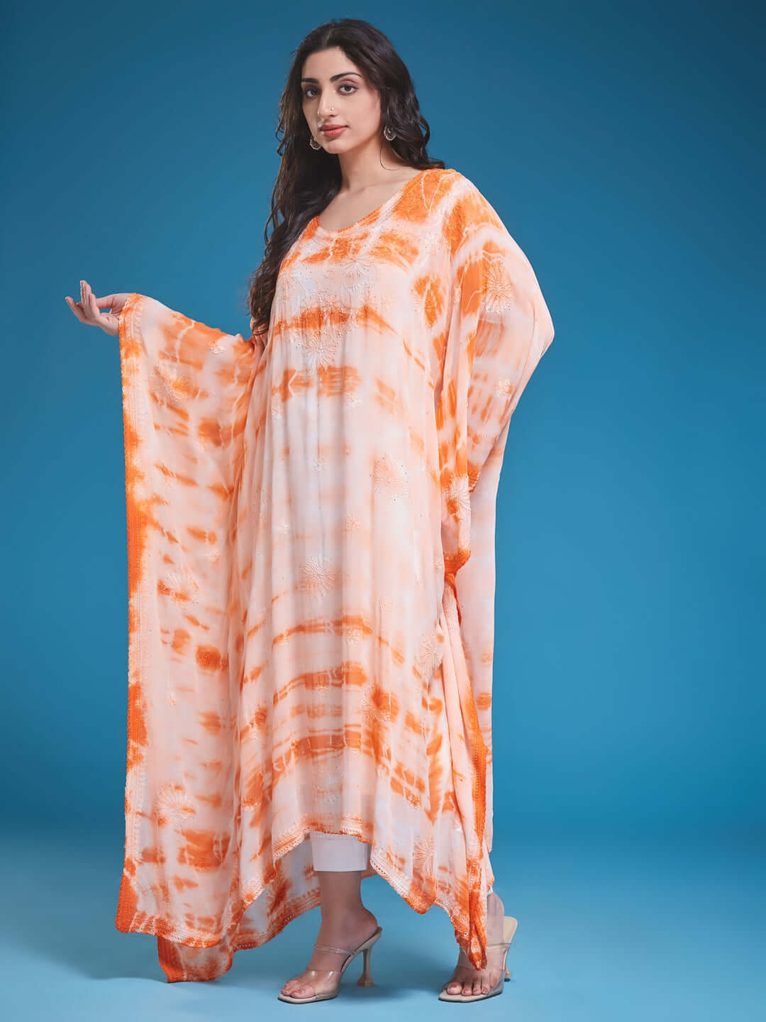 SYAALI Chikankari Tie & Dye Orange Viscose Georgette Gala Booti Kaftan