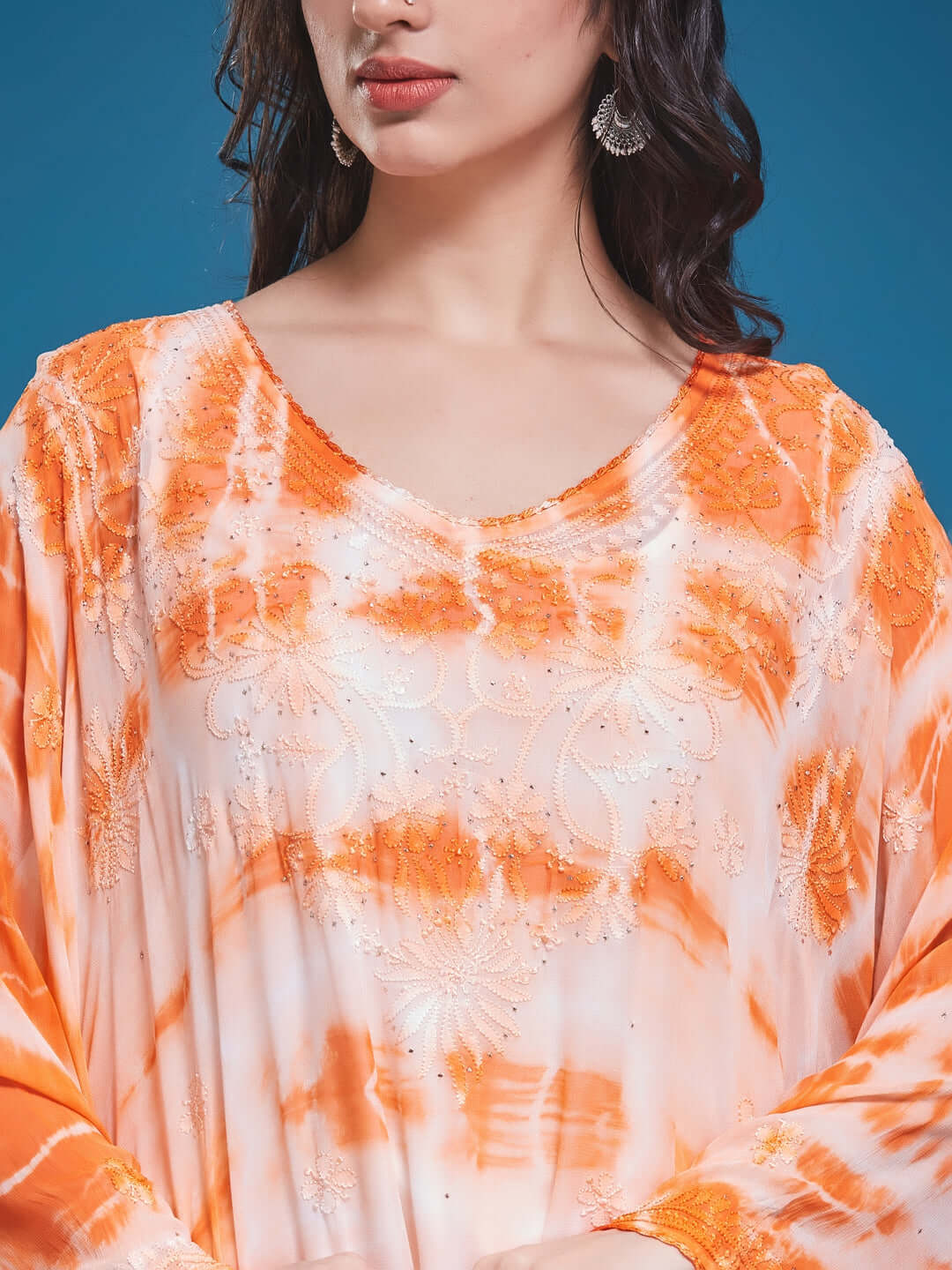 SYAALI Chikankari Tie & Dye Orange Viscose Georgette Gala Booti Kaftan