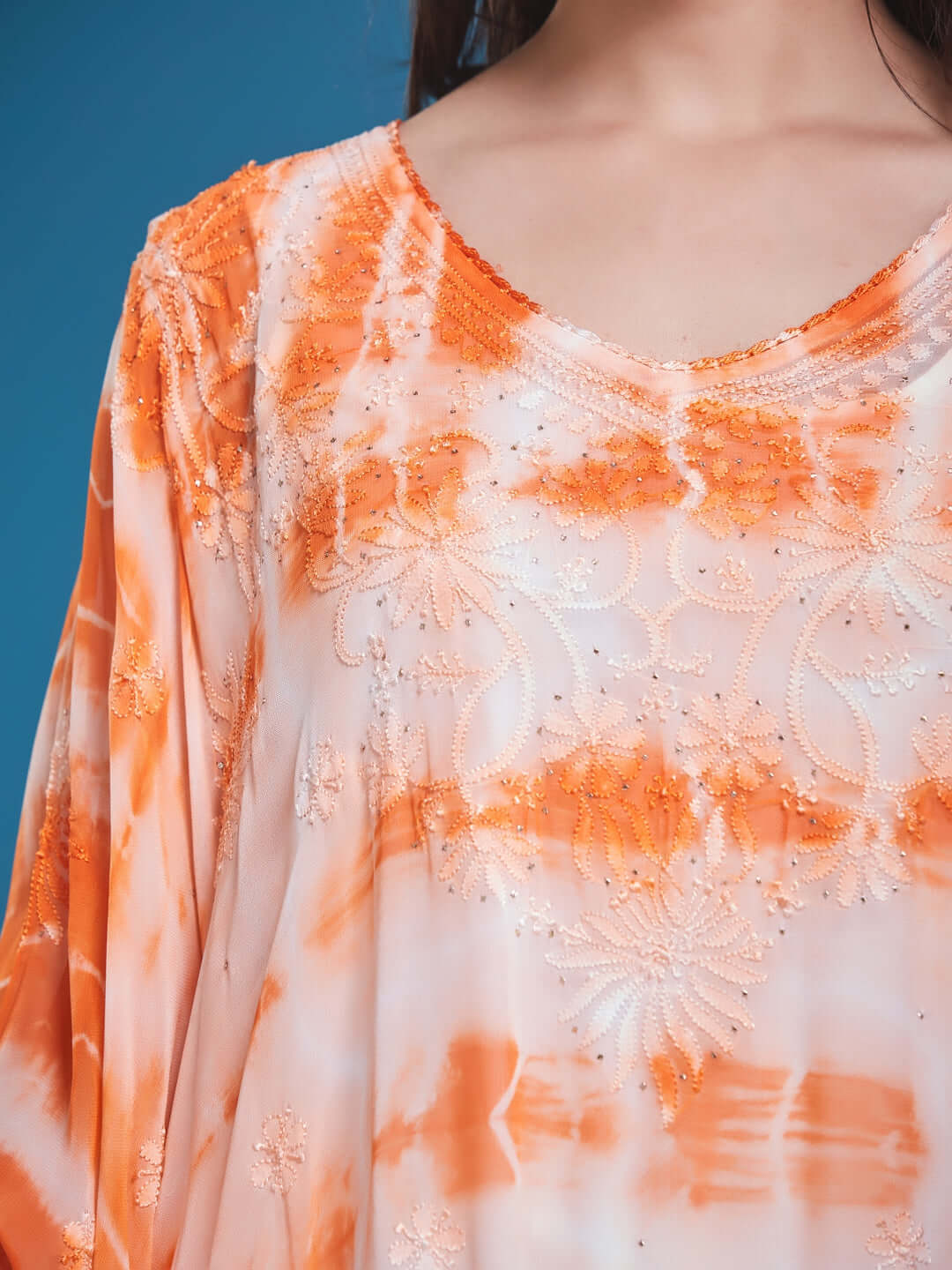 SYAALI Chikankari Tie & Dye Orange Viscose Georgette Gala Booti Kaftan