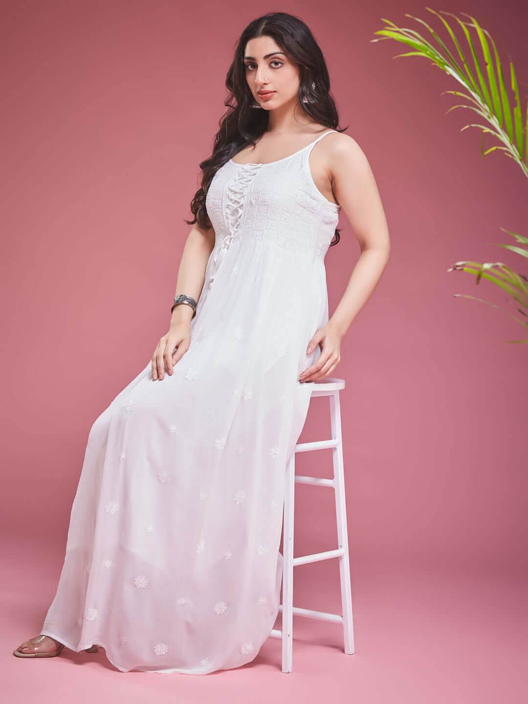 TAAB CHIKANKARI GEORGETTE WHITE LACE UP DRESS - KRI CHIKANKARI