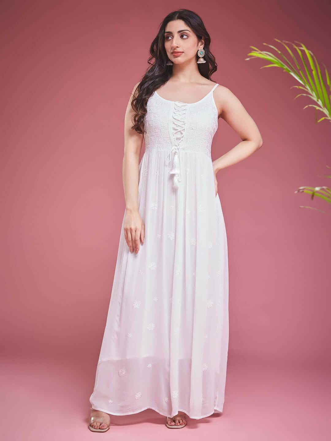TAAB CHIKANKARI GEORGETTE WHITE LACE UP DRESS - KRI CHIKANKARI