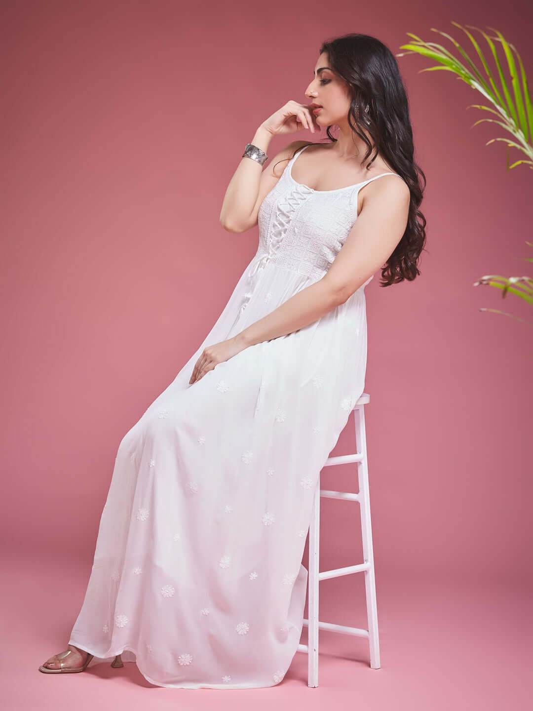 TAAB CHIKANKARI GEORGETTE WHITE LACE UP DRESS - KRI CHIKANKARI