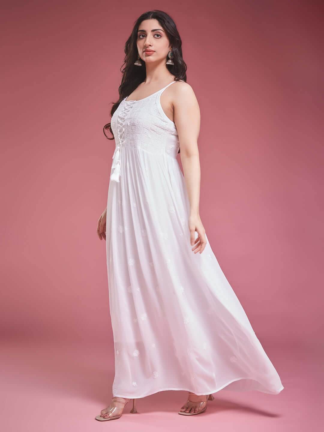 TAAB CHIKANKARI GEORGETTE WHITE LACE UP DRESS - KRI CHIKANKARI