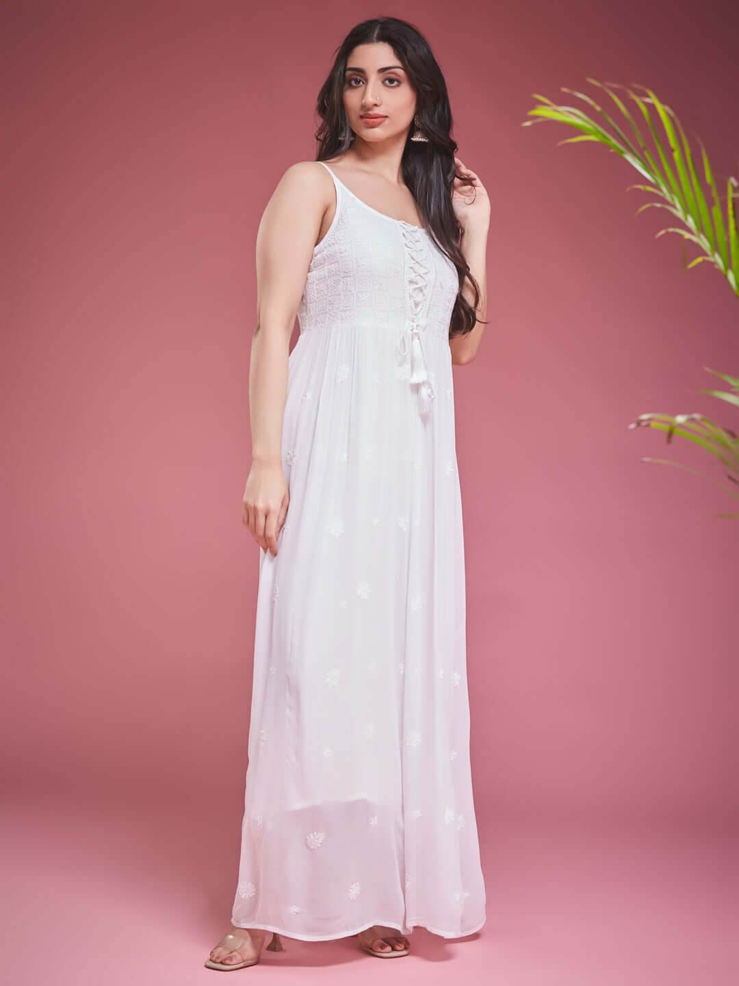 TAAB CHIKANKARI GEORGETTE WHITE LACE UP DRESS - KRI CHIKANKARI