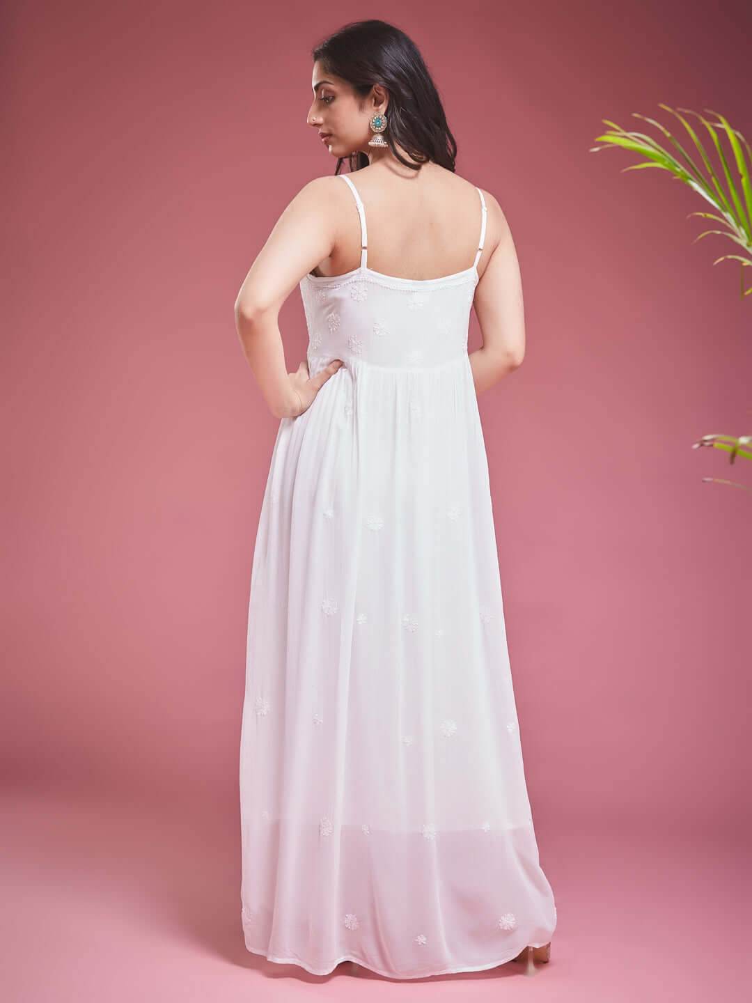 TAAB CHIKANKARI GEORGETTE WHITE LACE UP DRESS - KRI CHIKANKARI