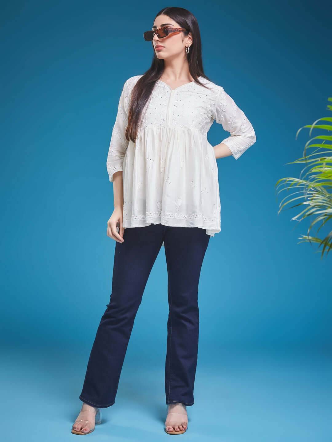 ZAHIRA Chikankari Chanderi Top - KRI CHIKANKARI