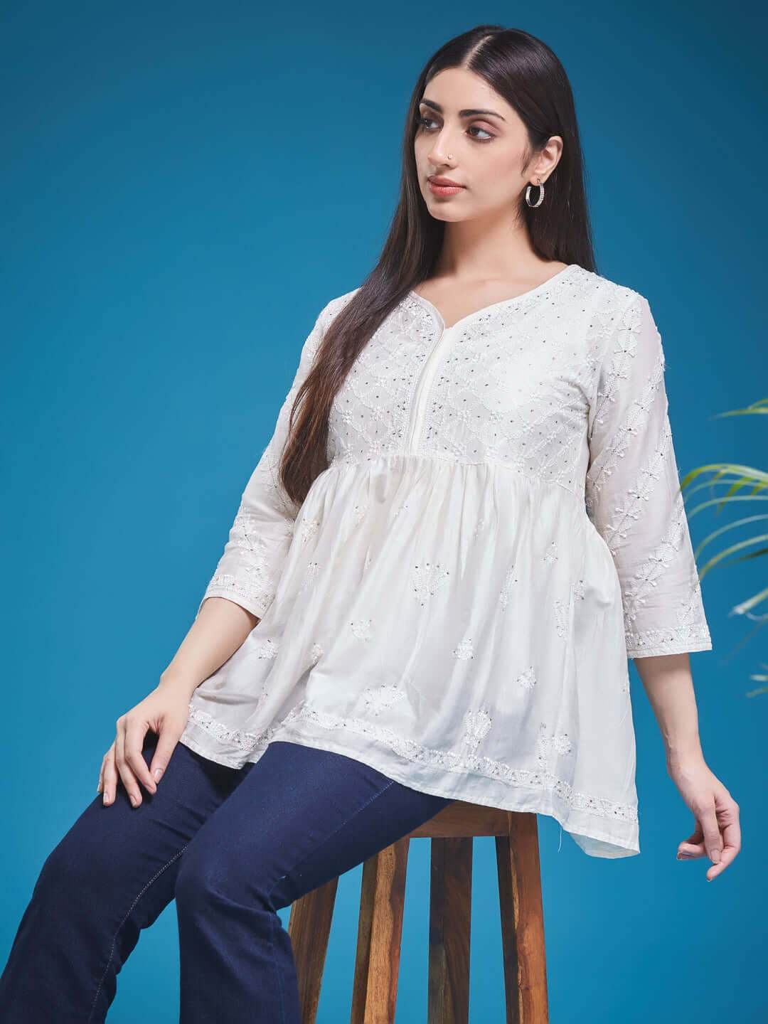 ZAHIRA Chikankari Chanderi Top - KRI CHIKANKARI