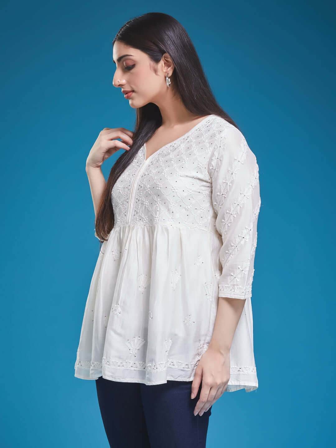 ZAHIRA Chikankari Chanderi Top - KRI CHIKANKARI
