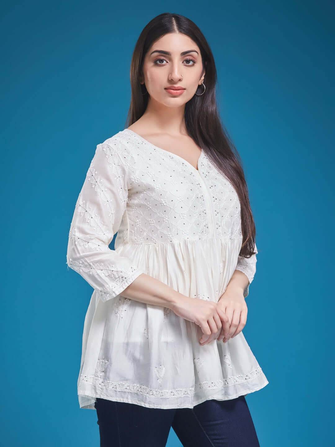 ZAHIRA Chikankari Chanderi Top - KRI CHIKANKARI