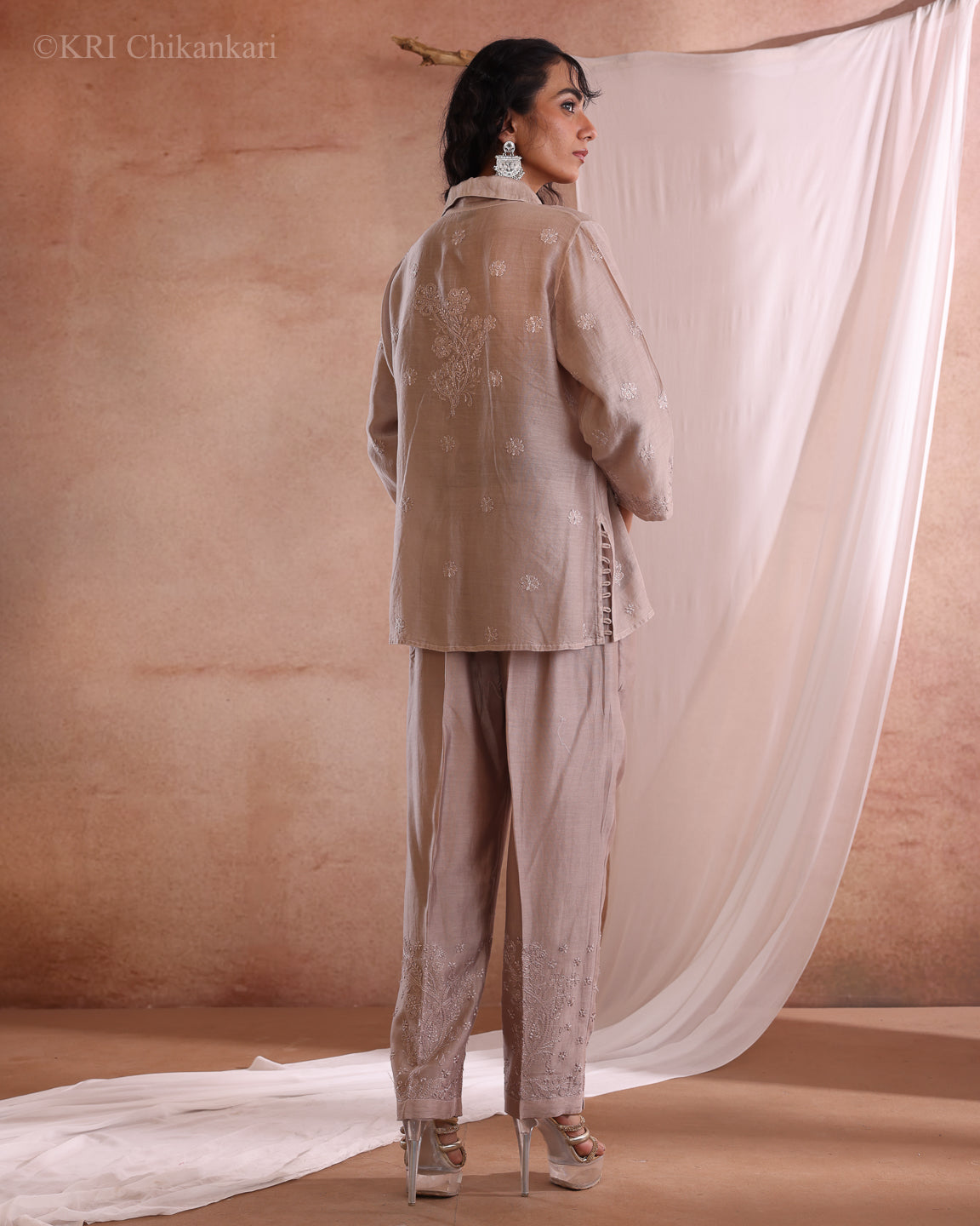 MILI CHIKANKARI DUSTY BROWN CHANDERI CO-ORD SET