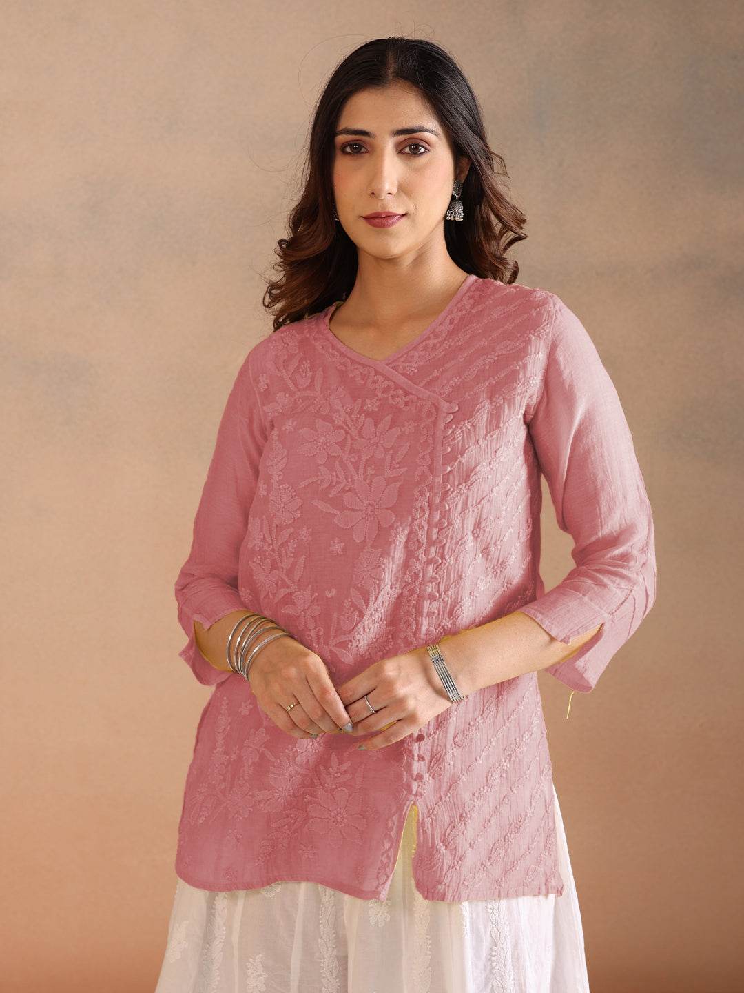 ZARQA MUL CHANDERI TOP - KRI CHIKANKARI