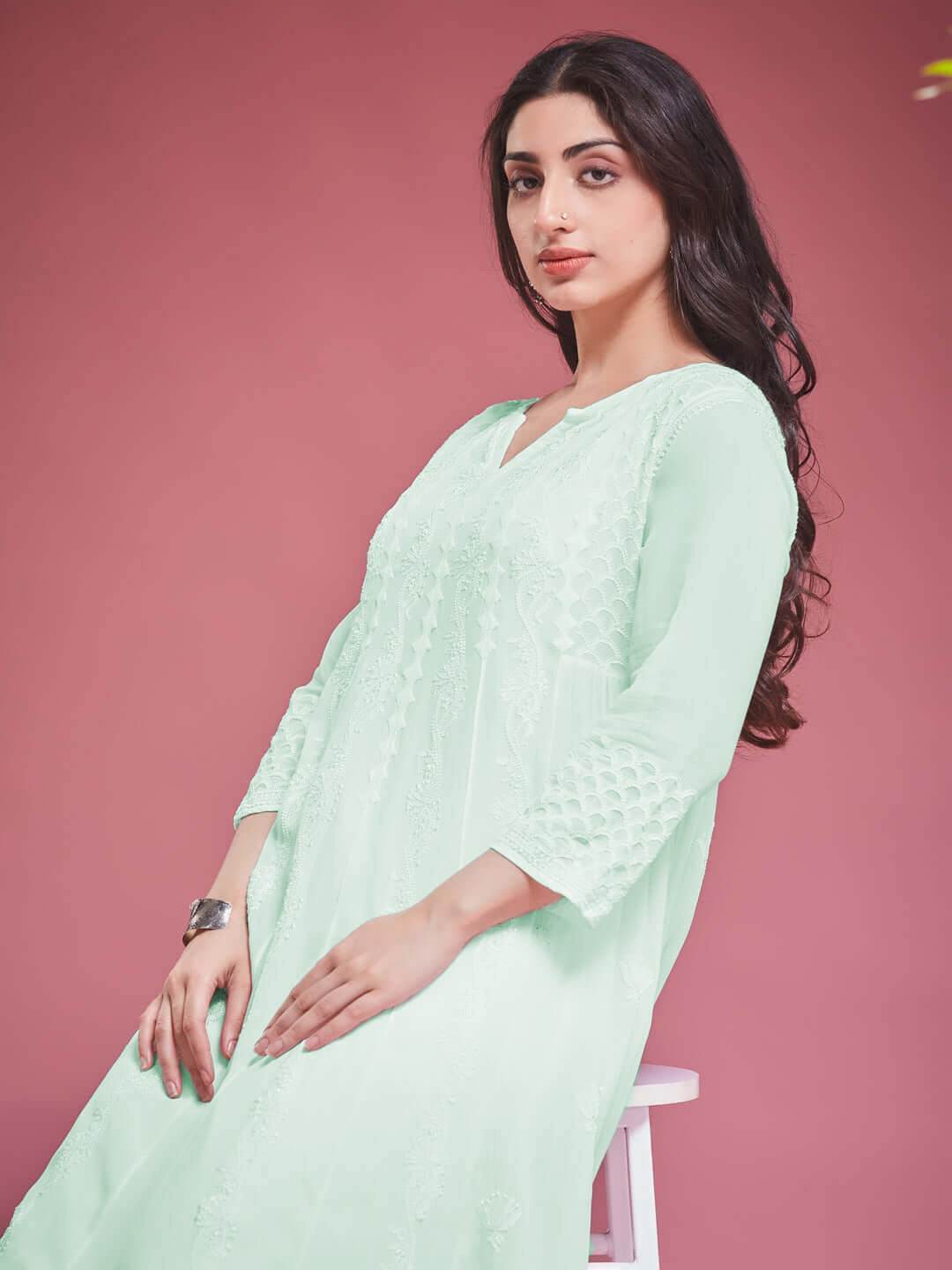 ZAVIYA Chikankari Georgette Mint Green Anarkali - KRI CHIKANKARI