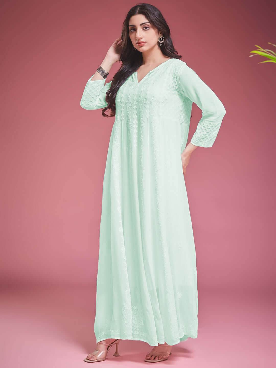 ZAVIYA Chikankari Georgette Mint Green Anarkali - KRI CHIKANKARI