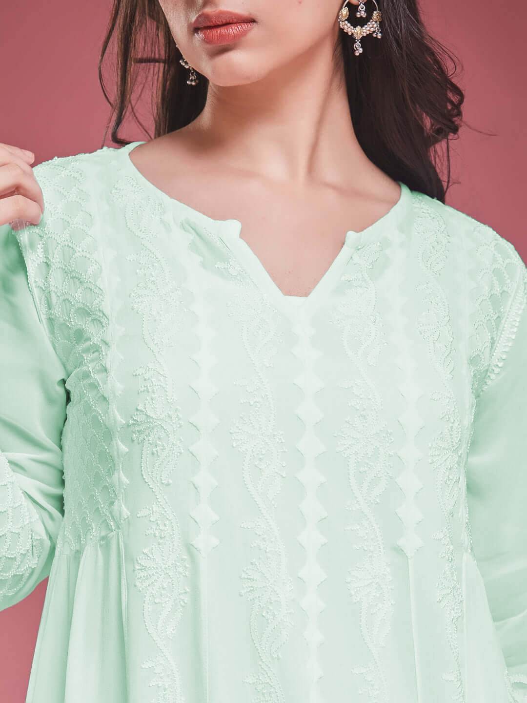 ZAVIYA Chikankari Georgette Mint Green Anarkali - KRI CHIKANKARI