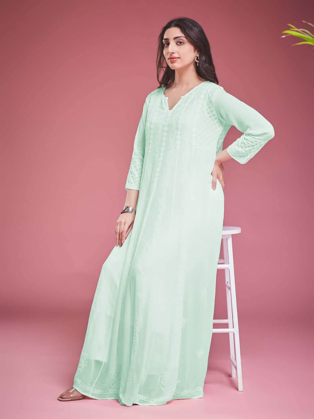 ZAVIYA Chikankari Georgette Mint Green Anarkali - KRI CHIKANKARI