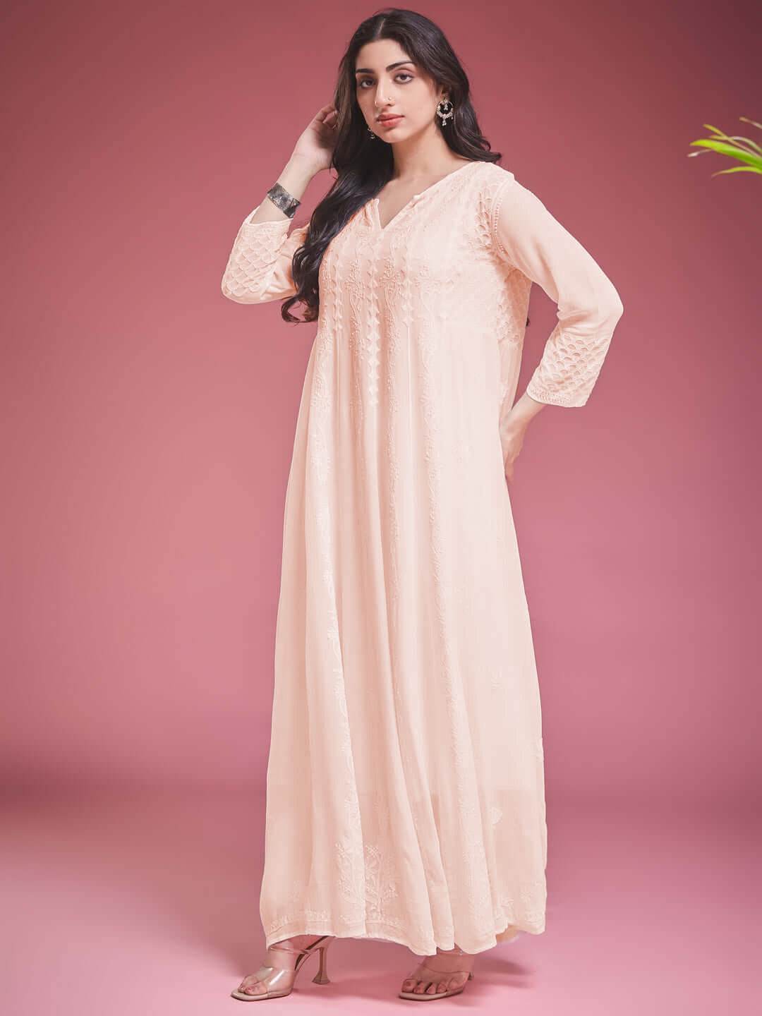 ZAVIYA Chikankari Georgette Peach Anarkali - KRI CHIKANKARI