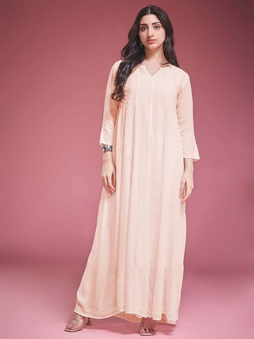 ZAVIYA Chikankari Georgette Peach Anarkali - KRI CHIKANKARI