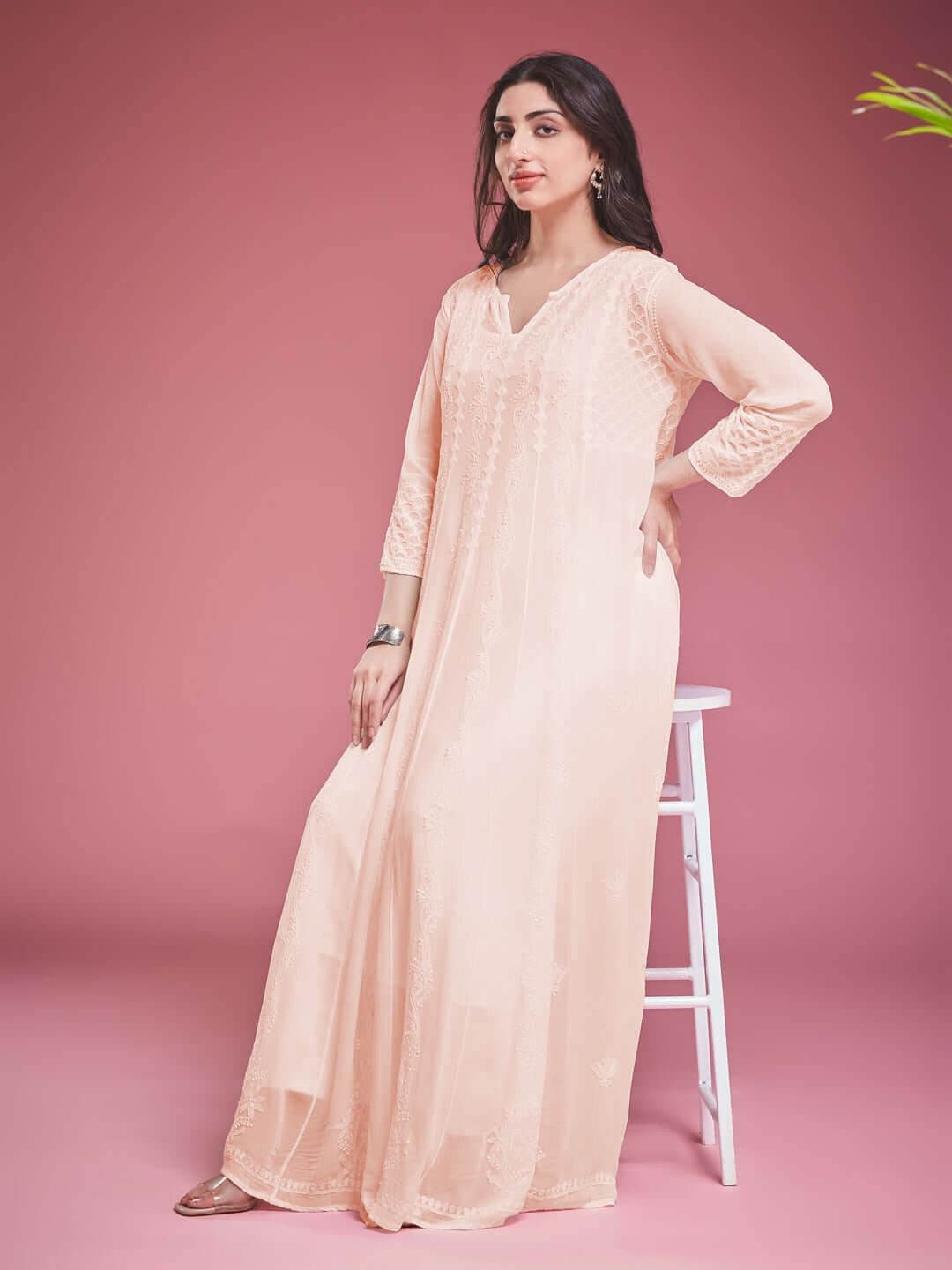 ZAVIYA Chikankari Georgette Peach Anarkali - KRI CHIKANKARI