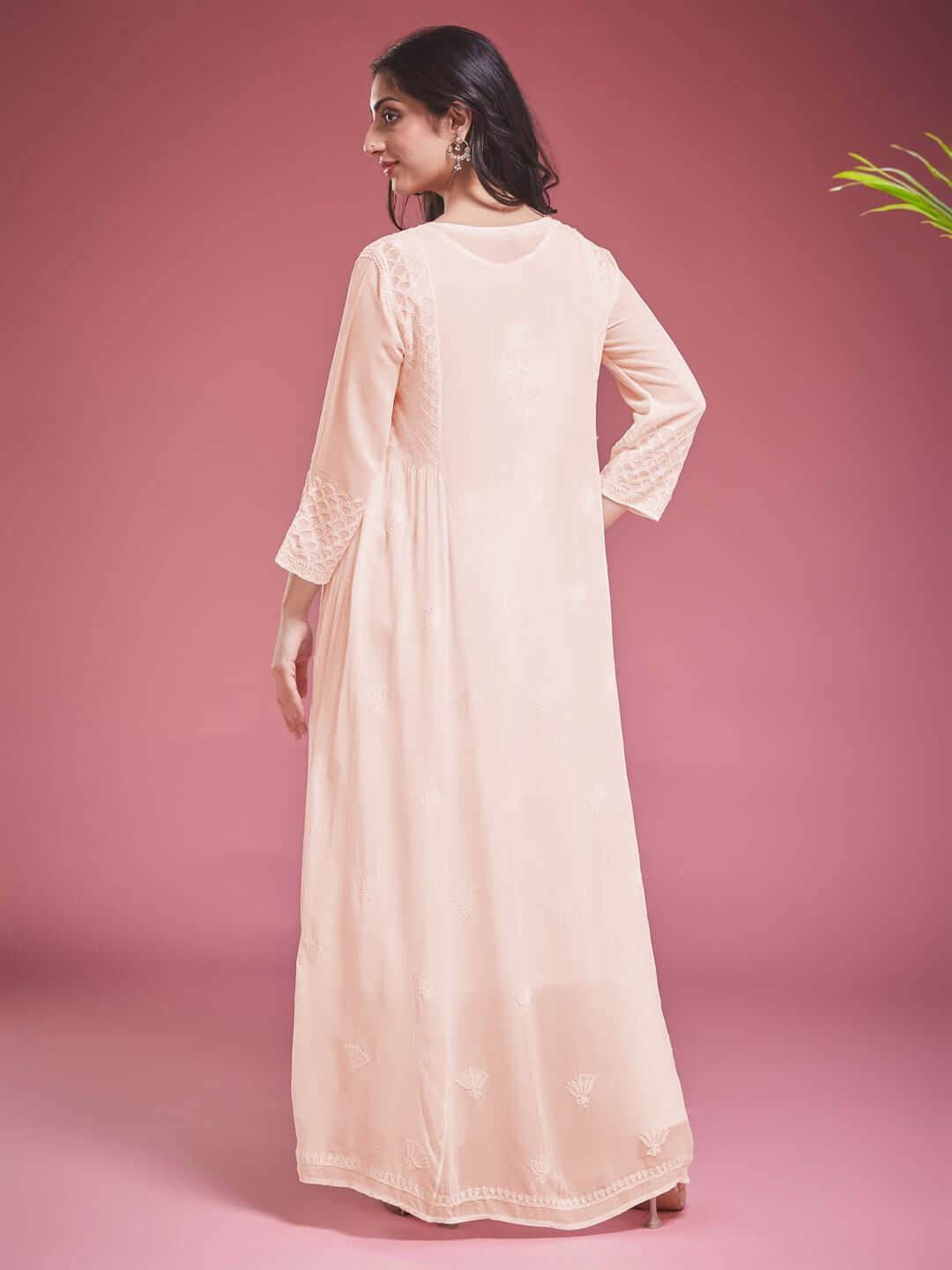 ZAVIYA Chikankari Georgette Peach Anarkali - KRI CHIKANKARI