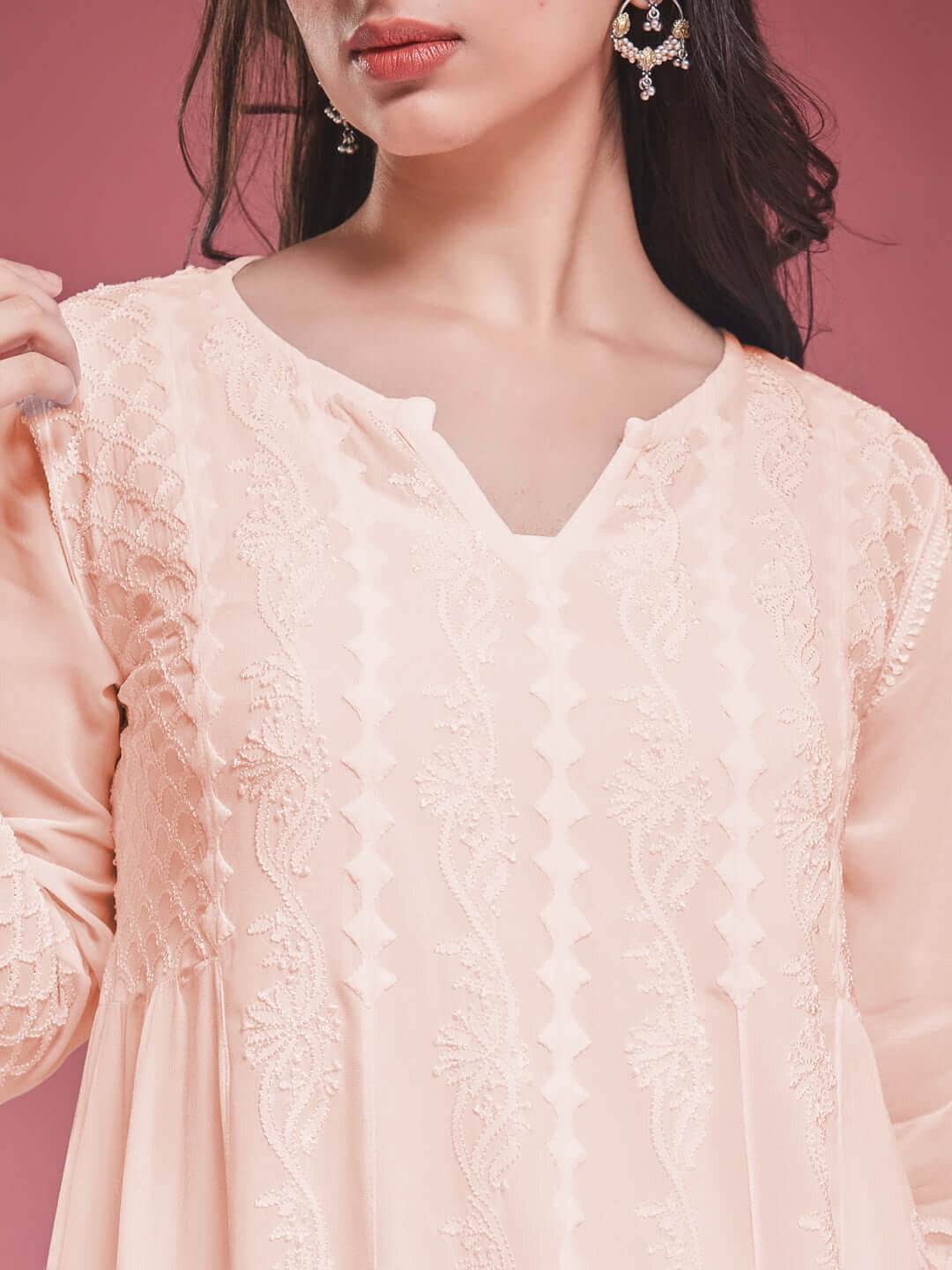 ZAVIYA Chikankari Georgette Peach Anarkali - KRI CHIKANKARI