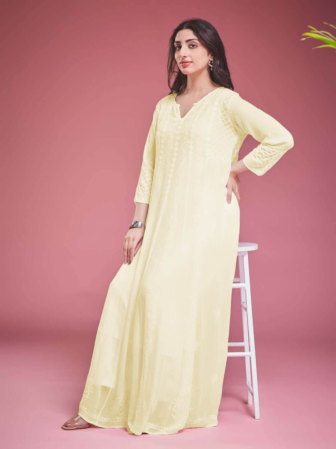 ZAVIYA Chikankari Georgette Yellow Anarkali - KRI CHIKANKARI