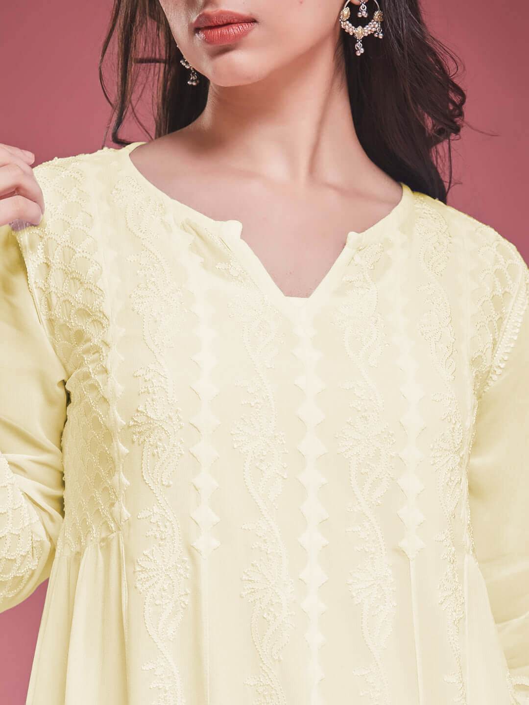 ZAVIYA Chikankari Georgette Yellow Anarkali - KRI CHIKANKARI