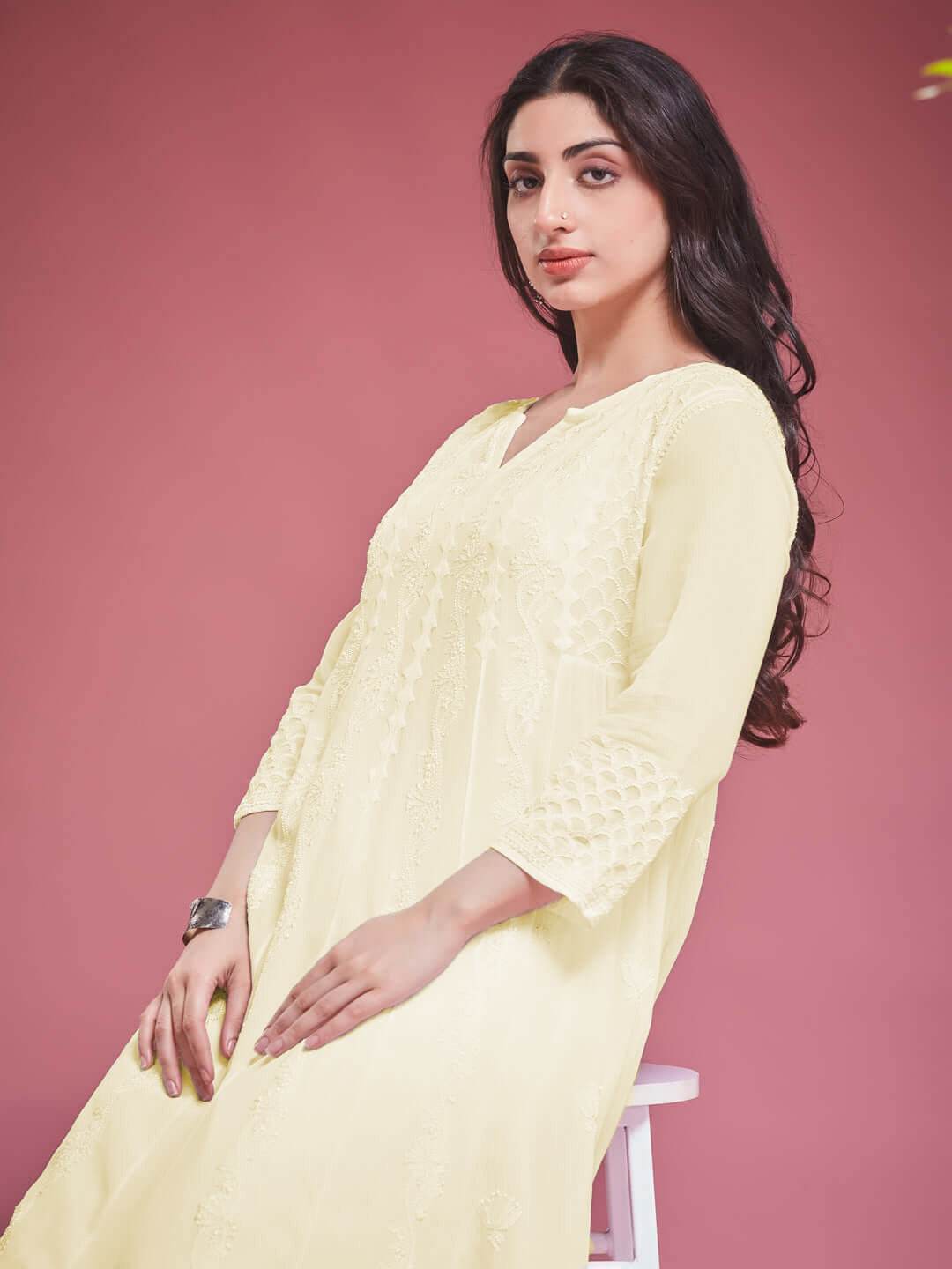 ZAVIYA Chikankari Georgette Yellow Anarkali - KRI CHIKANKARI