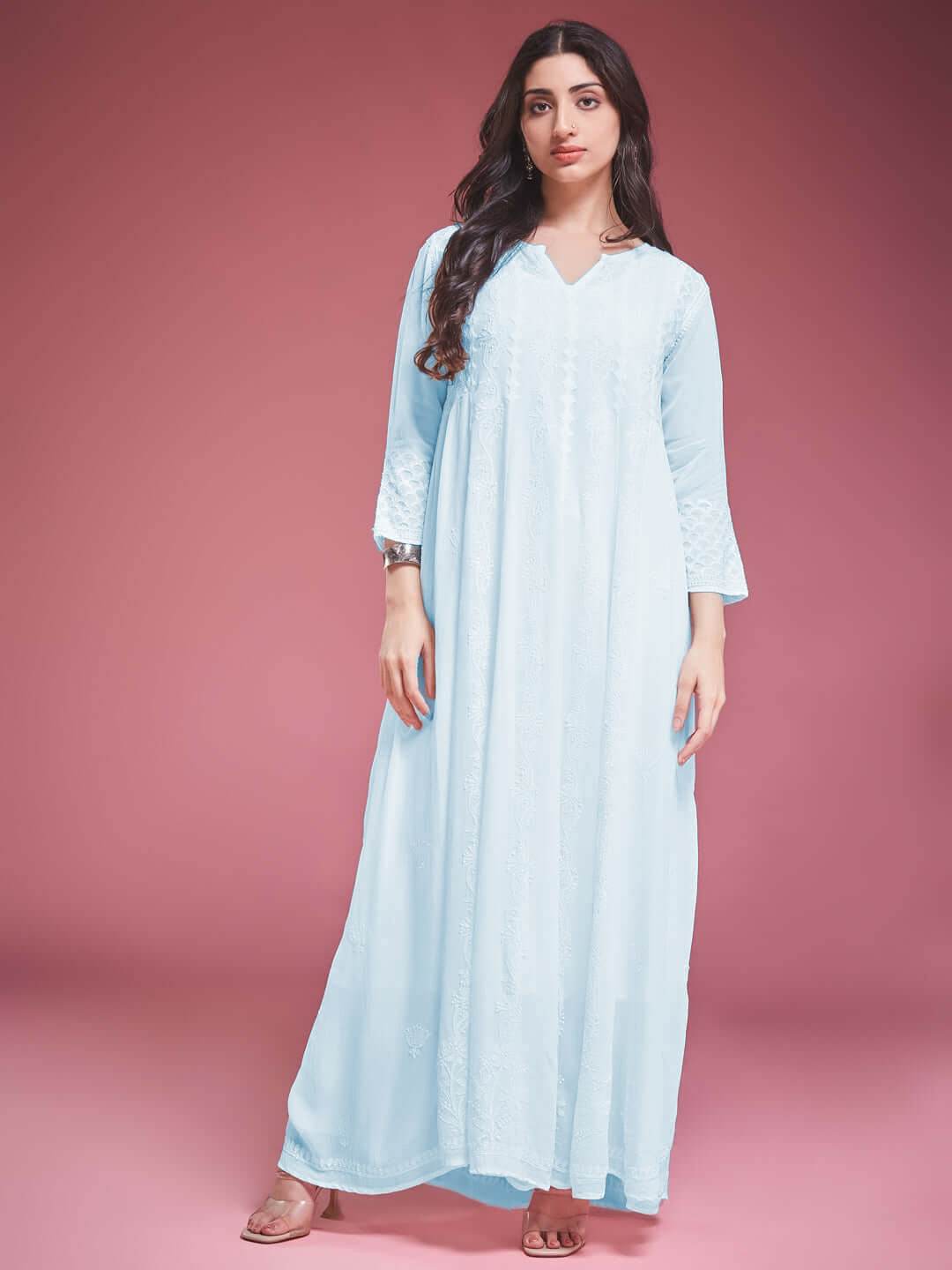 ZAVIYA Chikankari Georgette Blue Anarkali - KRI CHIKANKARI