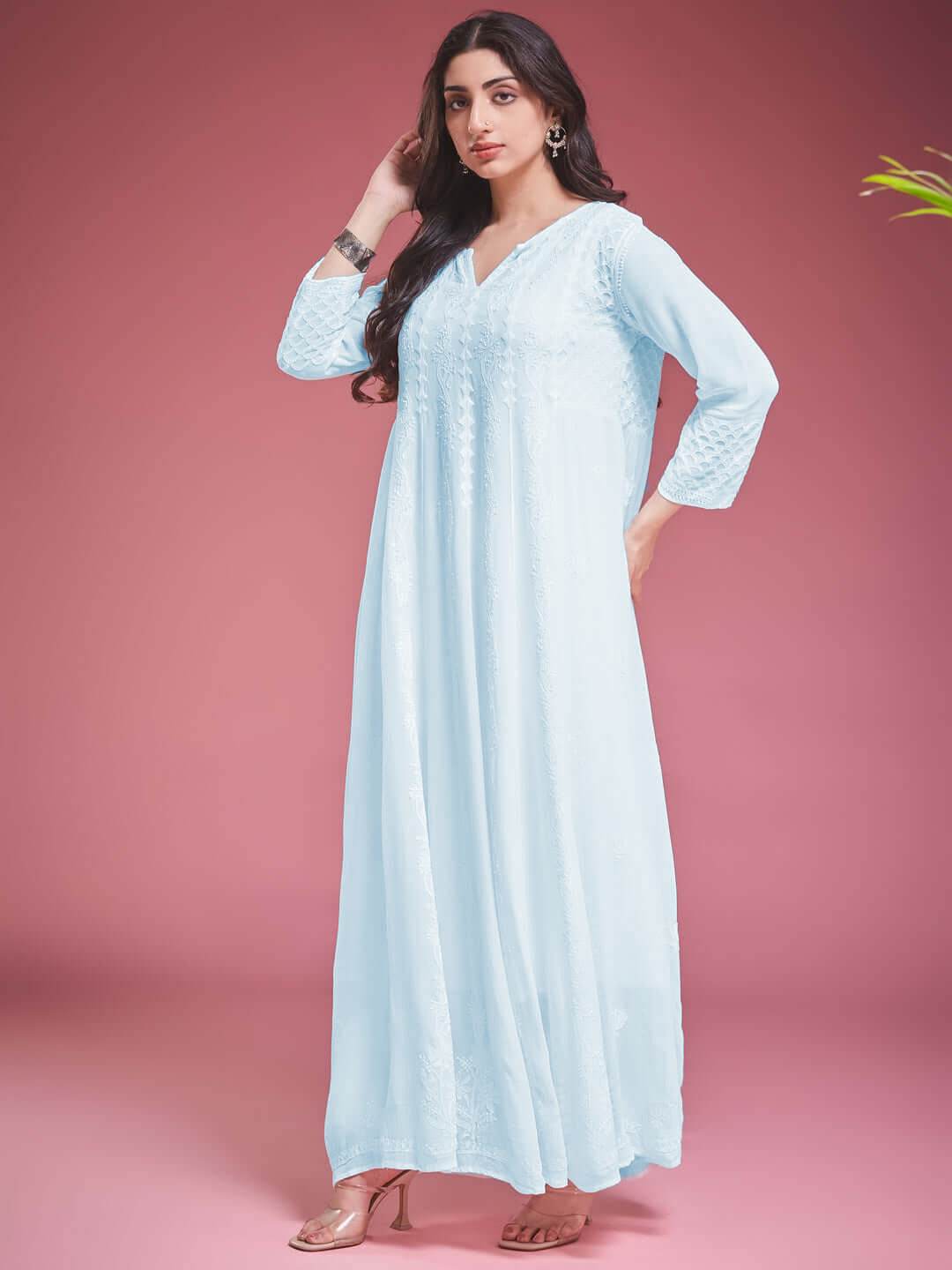 ZAVIYA Chikankari Georgette Blue Anarkali - KRI CHIKANKARI