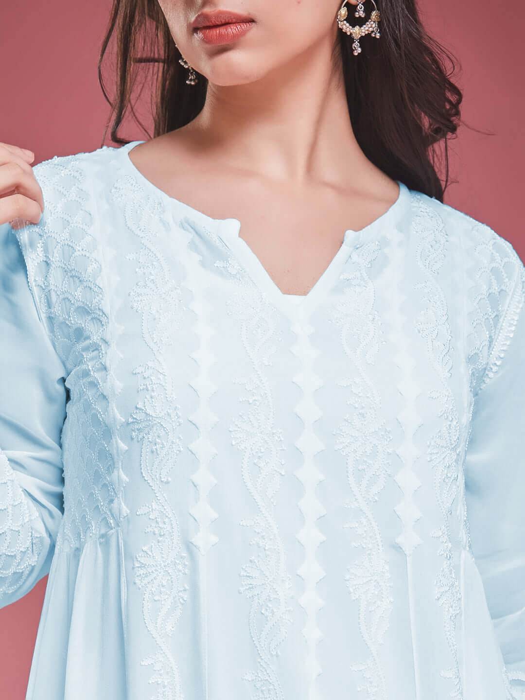 ZAVIYA Chikankari Georgette Blue Anarkali - KRI CHIKANKARI